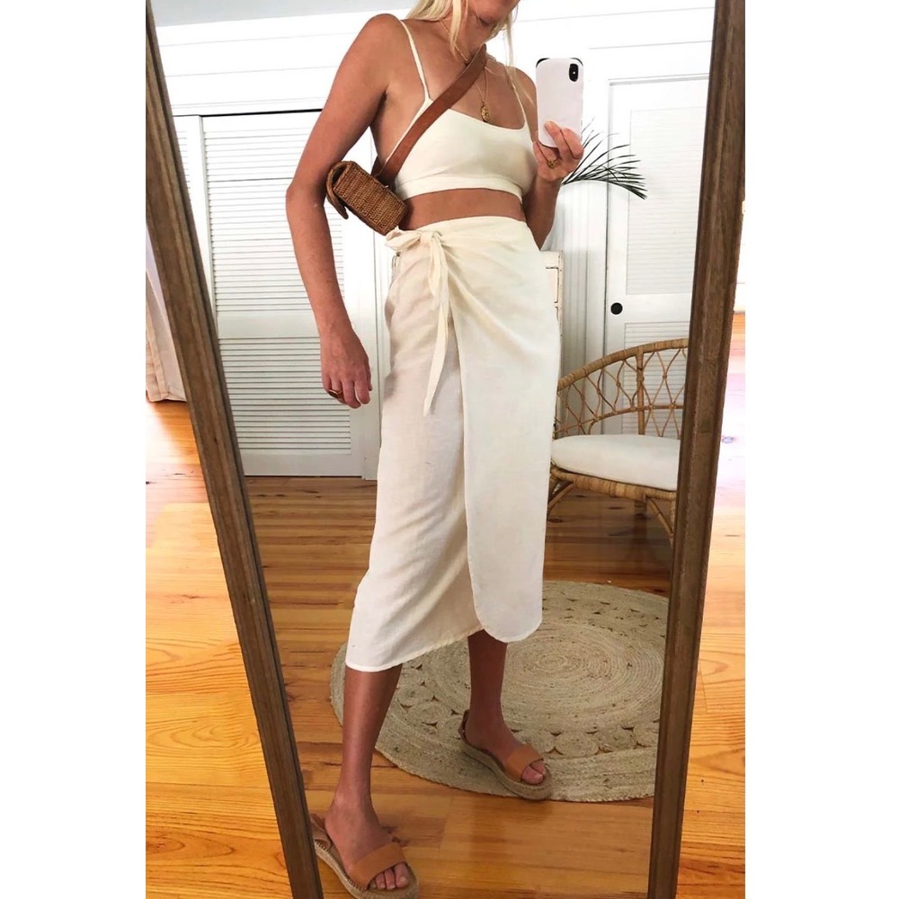 Emerson Fry India Collection Organic Linen Wrap Midi Skirt Cream ML Handmade NEW